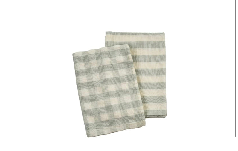 Gingham Striped Linen Aqua Tea Towel Set